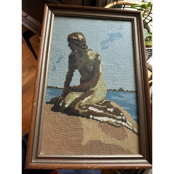 Vintage framed cross-stitch embroidery  of a little mermaid blue brown 16x10.5” - Picture 7 of 9
